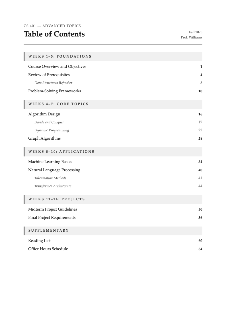 University course pack table of contents